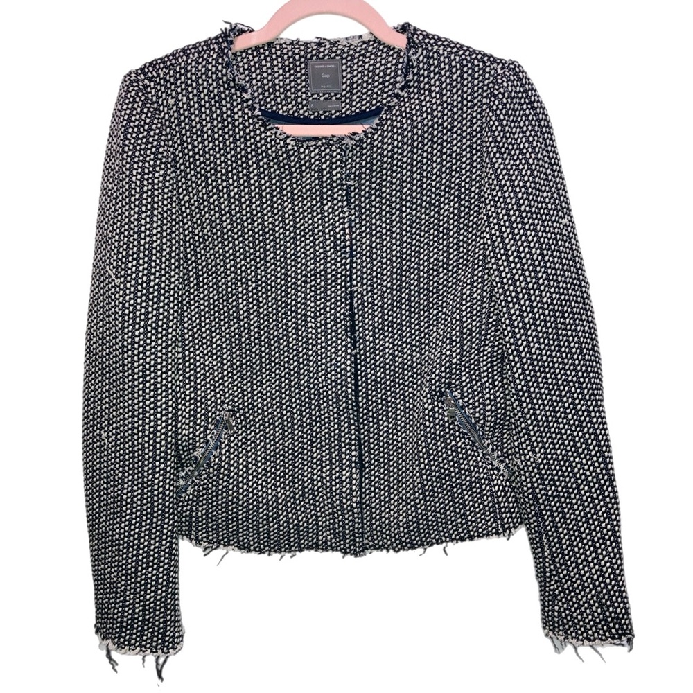 Gap Collarless Frayed Raw Edge Tweed Full Zip Blazer Jacket size 8 EUC!